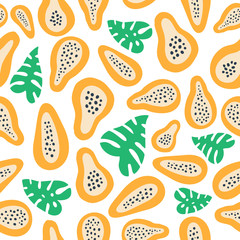 Wall Mural - Abstract fruit pattern with papaya. Tropical seamless pattern with papaya and palm leaves.