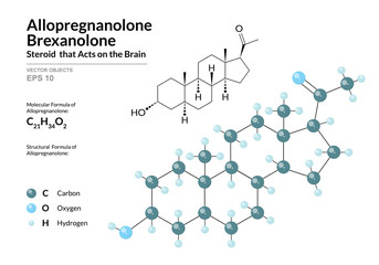 Poster - Hormone Allopregnanolone or Brexanolone. Structural Chemical Formula and Molecule 3d Model. Atoms with Color Coding. Vector Illustration