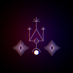 Sacred geometry symmetrical drawings with glitch effect. Mysterious figures, symbols, circle, triangle, eye etc. Design symbols for puzzle, logic, metroidvania, indie games. Vector illustration.