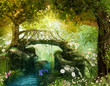 Leinwandbild Motiv Magical fairy tale forest with an enchanting bridge over a brook