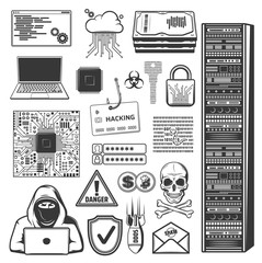  Internet phishing, hacking, computer security fraud and cyber crime symbols. Vector computer hacker, ddos attack and digital malware, account login hack, password and credit card data phishing icons