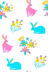 Poster - Seamless pattern of cute white bunnies on white background with floral elements. Trendy scandinavian vector. Perfect for kids apparel,fabric, textile, nursery decoration,wrapping. Spring drawings.