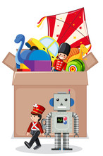 Cardboard Box Full Of Toys On White Background