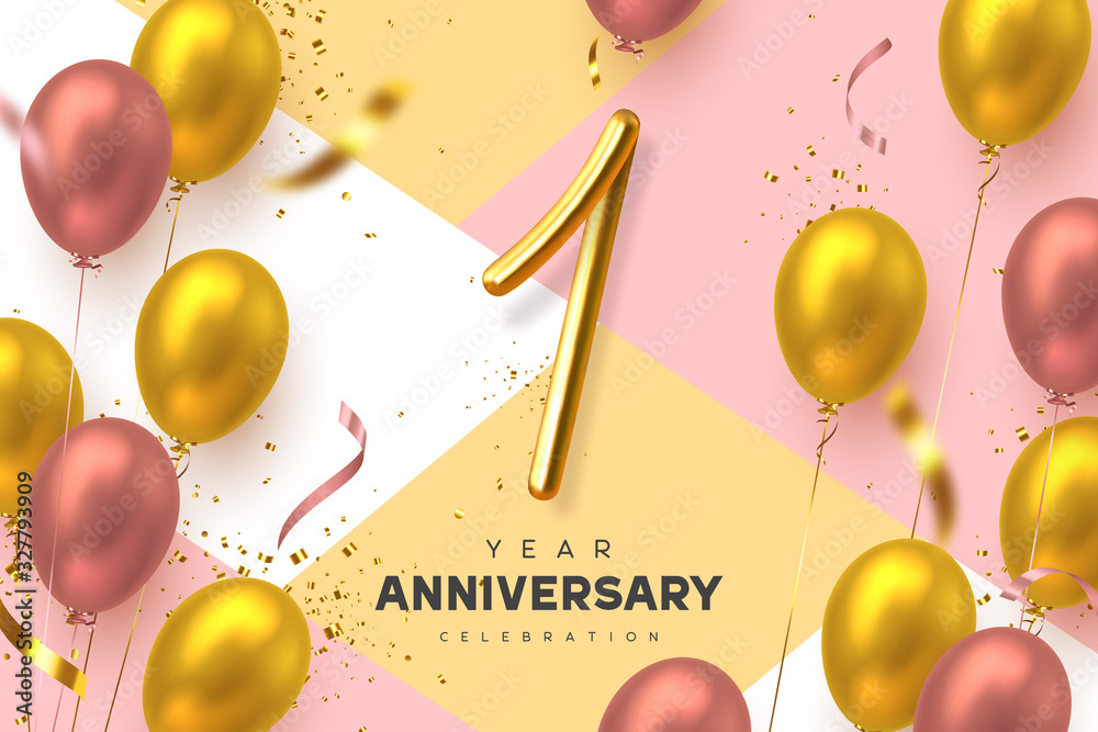1 year anniversary celebration banner. 3d handwritten golden metallic number 1 and glossy balloons with confetti. Vector realistic template. - obrazy, fototapety, plakaty 