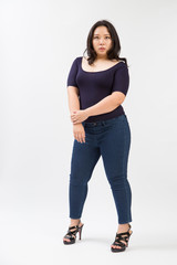 beautiful fat woman plus size model standing pose on white background