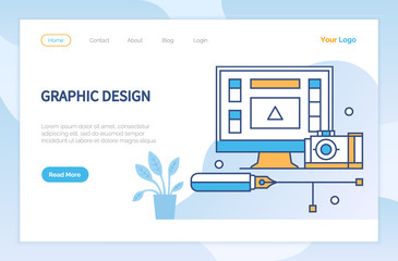 Fototapete - Graphic design, creating illustrations and logotypes for sites. Workplace of designer with notebook and digital camera. Equipments for creative work. Website or webpage template, landing page vector