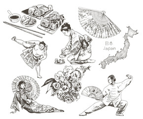 Japanese Culture Attributes and People with Hand Fan and Geisha Sitting with Umbrella Vector Illustrations Set