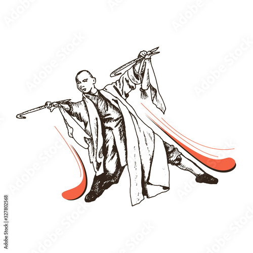 Dekoracja na wymiar  mnich-shaolin-stojacy-w-walce-pozy-ilustracji-wektorowych