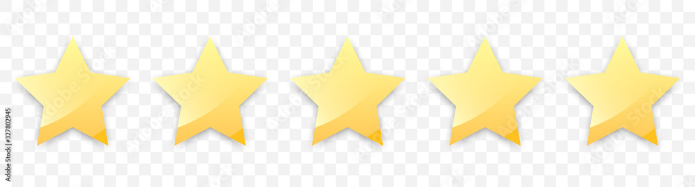 Five golden stars with shadow for review of product rating on a transparent background, for web sites and mobile applications. Vector illustration EPS10 - obrazy, fototapety, plakaty 