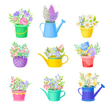 Bunch Of Flowers Standing In Bright Buckets And Watering Cans Vector Set