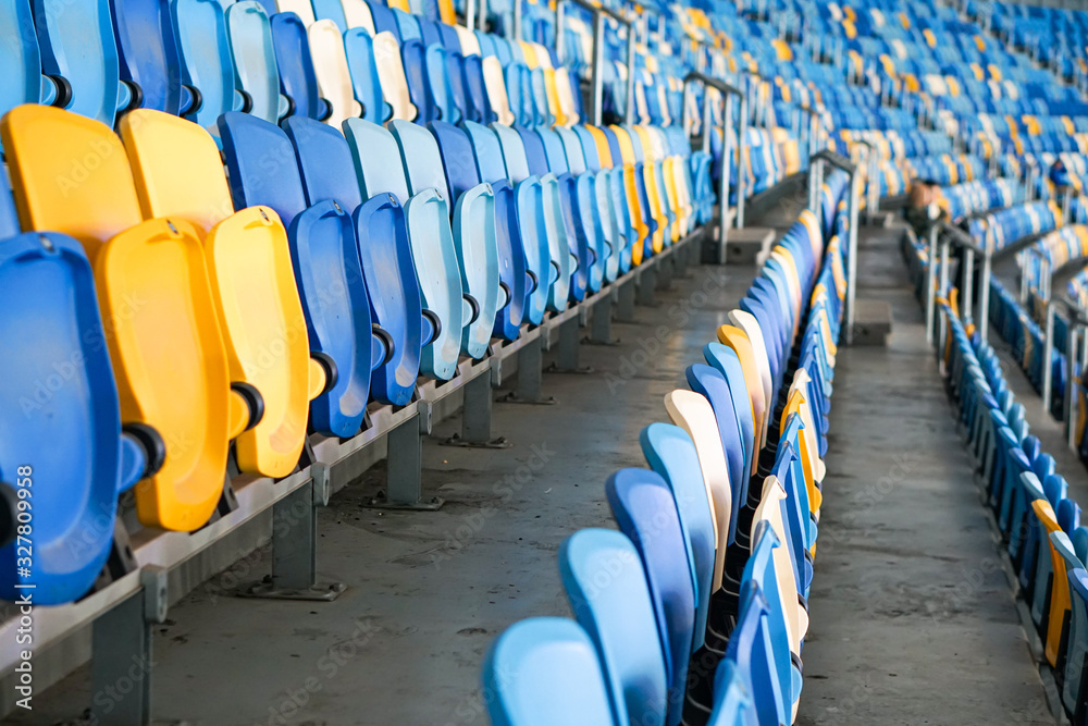 Close up of The Stadium seat colorful. Plastic seat rows at the Arena ...