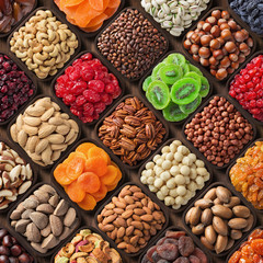 Wall Mural - assorted nuts and dried fruits. mix snacks in wooden bowls, food background.