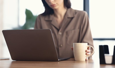 Wall Mural - Portrait of focused woman working on laptop with coffee