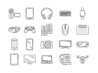 Gadgets black line icons set. Electronic devices. Designed to facilitate and improve human life. Pictogram for web page, mobile app, promo. UI UX GUI design element. Editable stroke.