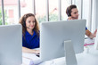 © eakgrungenerd - Team call center worker and operators with microphone and computer at work, Call center, support telemarketing.