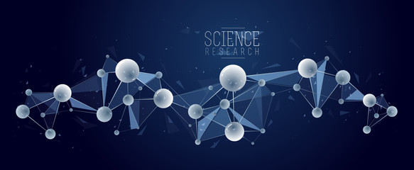 Molecules vector abstract background, 3D dimensional science chemistry and physics theme design element, atoms and particles micro nano scientific illustration.