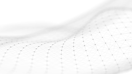 Wall Mural - Wave of particles on white background. Network connection dots and lines. Digital background. 3d rendering.