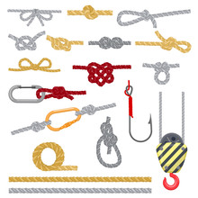 Knots Set Vector Illustrations. Knotted Strong Rope With Different Complicated Knots, Loop, Bow, Fishing And Cargo Hook, Metal Snap For Climbing Or Nautical Rope Equipment. Flat Isolated Icons Set