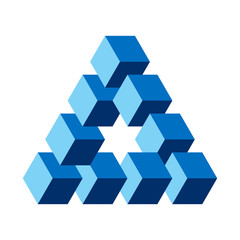 Wall Mural - Reutersvard optical illusion, blue colored. Impossible object. Created by following the concept of a Penrose triangle, shown with blue cube shapes. Isolated illustration on white background. Vector.