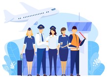 Airport Crew Standing Together, Professional Airline Team In Uniform, Vector Illustration. Airplane Pilot And Flight Attendant Cartoon Characters, Captain And Stewardess, Airport Service People