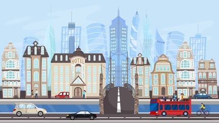 Architecture of modern metropolis, city buildings and traffic, vector illustration. Road along river or canal, city street with cars and tour bus. Old houses and new skyscrapers, downtown cityscape