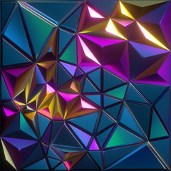 Wall Mural - 3d rendering, abstract faceted background, geometrical crystallized wallpaper, iridescent blue green pink gold metallic texture, triangles, modern fashion concept