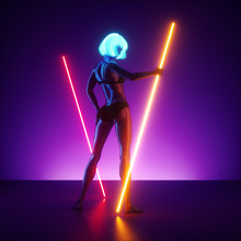 3d Render, Virtual Female Model Posing, Realistic Mannequin Doll, Standing On The Stage Holding Neon Light Glowing Lines. Futuristic Pole Dance Performance At Night Club. Slim Young Woman In Blue Wig.