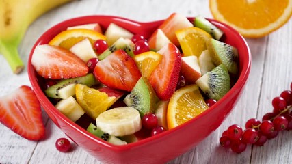 Wall Mural - delicious juicy fruit salad with strawberry, banana, orange and kiwi