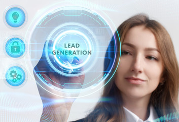 Business, Technology, Internet and network concept. Young businessman working on a virtual screen of the future and sees the inscription: Lead generation