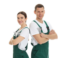 Sticker - Portrait of professional auto mechanics on white background