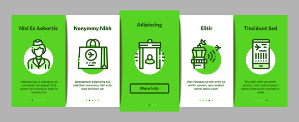 Poster - Airline And Airport Onboarding Mobile App Page Screen Vector. Airline Worldwide Direction And Ticket, Pilot And Stewardess, Airplane And Calendar Linear Pictograms. Color Contour Illustrations