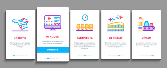 Poster - Airline And Airport Onboarding Mobile App Page Screen Vector. Airline Worldwide Direction And Ticket, Pilot And Stewardess, Airplane And Calendar Linear Pictograms. Color Contour Illustrations