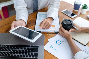 Poster - young business team in casual style have small meeting