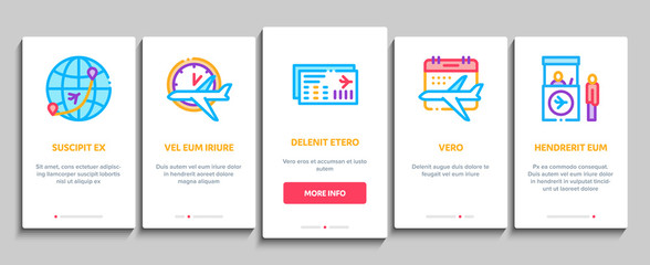 Poster - Airline And Airport Onboarding Mobile App Page Screen Vector. Airline Worldwide Direction And Ticket, Pilot And Stewardess, Airplane And Calendar Linear Pictograms. Color Contour Illustrations