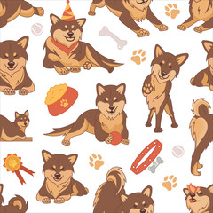  Vector seamless pattern with different cute Shiba inu emoticons. Pastel ornament with funny dogs.