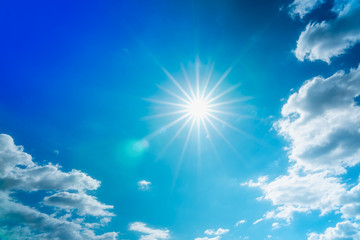 beautiful nature of blue sky with clouds and sun shines bright in the day