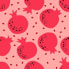 Wall Mural - Pomegranate background. Fruit seamless pattern with whole fruit and seeds. Wallpaper art. Simple cute illustration in cartoon flat style. Vector