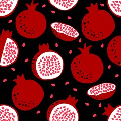 Wall Mural - Pomegranate pattern. Fruit seamless background. Repeat design for wallpaper, fabric and digital paper. Whole and half fruit drawing. Simple cute illustration in cartoon flat