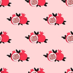 Wall Mural - Pomegranate pattern. Seamless design with whole and half fruit and leaves. Simple cute illustration in cartoon flat style. Vector