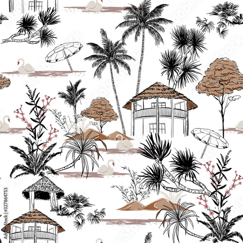 Fotomural Beautiful Hand drawn summer island with hut and swan vacation vibes seamless pat