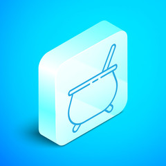 Isometric line Witch cauldron icon isolated on blue background. Happy Halloween party. Silver square button. Vector Illustration