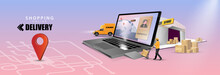 Online Delivery Service Concept, Online Order Tracking,Delivery Home And Office. City Logistics. Warehouse, Truck, Forklift, Courier, Chat Order Products On Computer. Vector Illustration