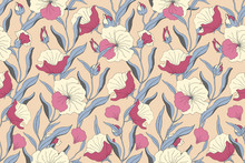 Art Floral Vector Seamless Pattern. Light Yellow, Pink Flowers With Blue Branches, Leaves And Petals Isolated On Beige Background. For Home Textiles, Fabric, Wallpaper, Accessories, Digital Paper.