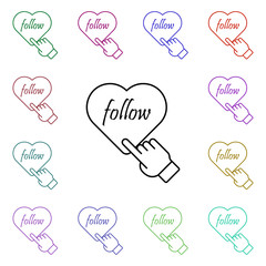 Poster - Follow heart finger multi color style icon. Simple thin line, outline vector of sosial media network icons for ui and ux, website or mobile application