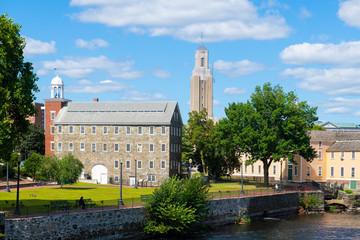 Historic Wilkinson Mill building in Old Slater Mill National Historic Landmark on Roosevelt Avenue in downtown Pawtucket, Rhode Island RI, USA.