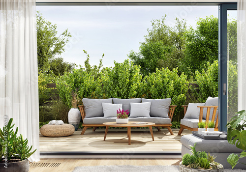 Cozy patio area with garden furniture, sliding doors and decking Tableau sur Toile
