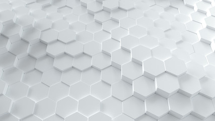 Sticker - Abstract white hexagonal background. Ceramic hex tiles. Interior design concept. 3d render illustration. Geometry pattern. Random honeycomb cells. Polygonal glossy surface. Architectural abstraction