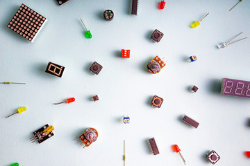 micro electronics arduino diy components on a light background, top view