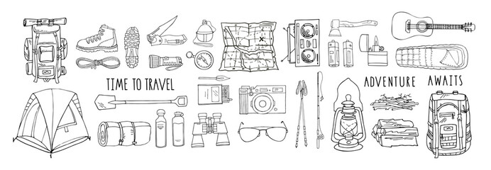 Wall Mural - Set of vector elements isolated on white. Hiking gear for camping trips. Backpack, boots, tent, sleeping bag, compass, map, flashlight, binoculars, camera, reusable bottle. Handwritten lettering