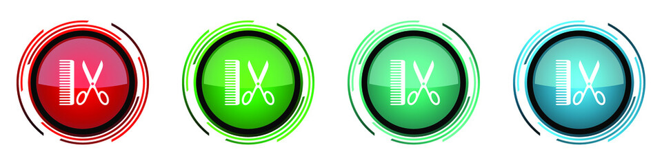 Poster - Barber round glossy vector icons, set of buttons for webdesign, internet and mobile phone applications in four colors options isolated on white background